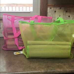 Set of 2 Straw Beach Mats w/ Carrying Bag NEON